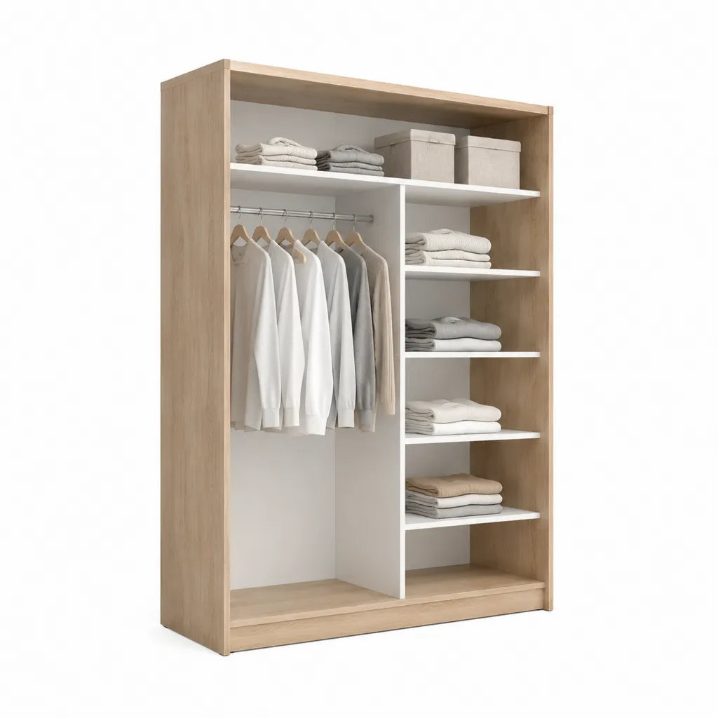 Offener Kleiderschrank mit Kleiderstange und 5 Einlegeböden 100 x 50 x 200 cm Spanplatte Eiche Natur Weiß