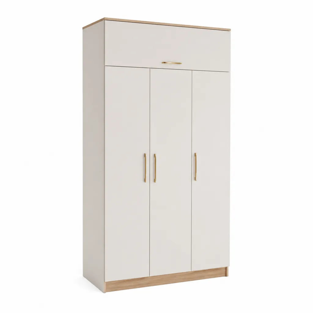 Kleiderschrank mit 3 Drehtüren und 1 Klappe 120 x 200 x 52 cm melaminbeschichtete Spanplatte rechteckig Weiß Eiche