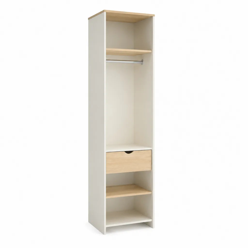 Offener Kleiderschrank mit Kleiderstange und Schublade aus melaminbeschichteter Spanplatte rechteckig Weiß Eiche Natur 180 x 40 x 40 cm