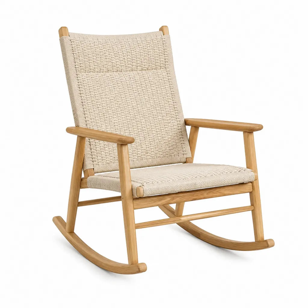 Schaukelstuhl aus Massivholz mit Papierkordel Naturbeige Hellbraun 67 x 90 x 105 cm