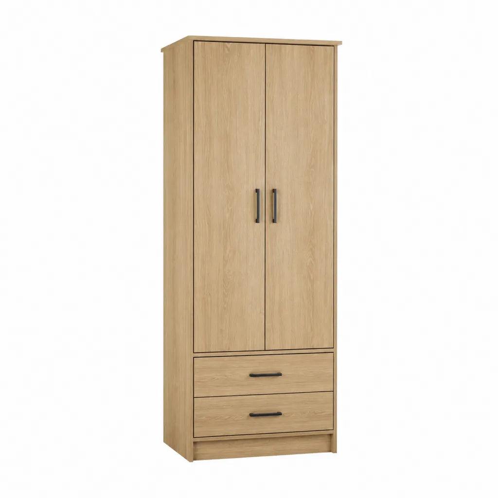 Rechteckiger Kleiderschrank mit 2 Türen und 2 Schubladen aus melaminbeschichteter Spanplatte in Eiche Natur 80 x 52 x 180 cm