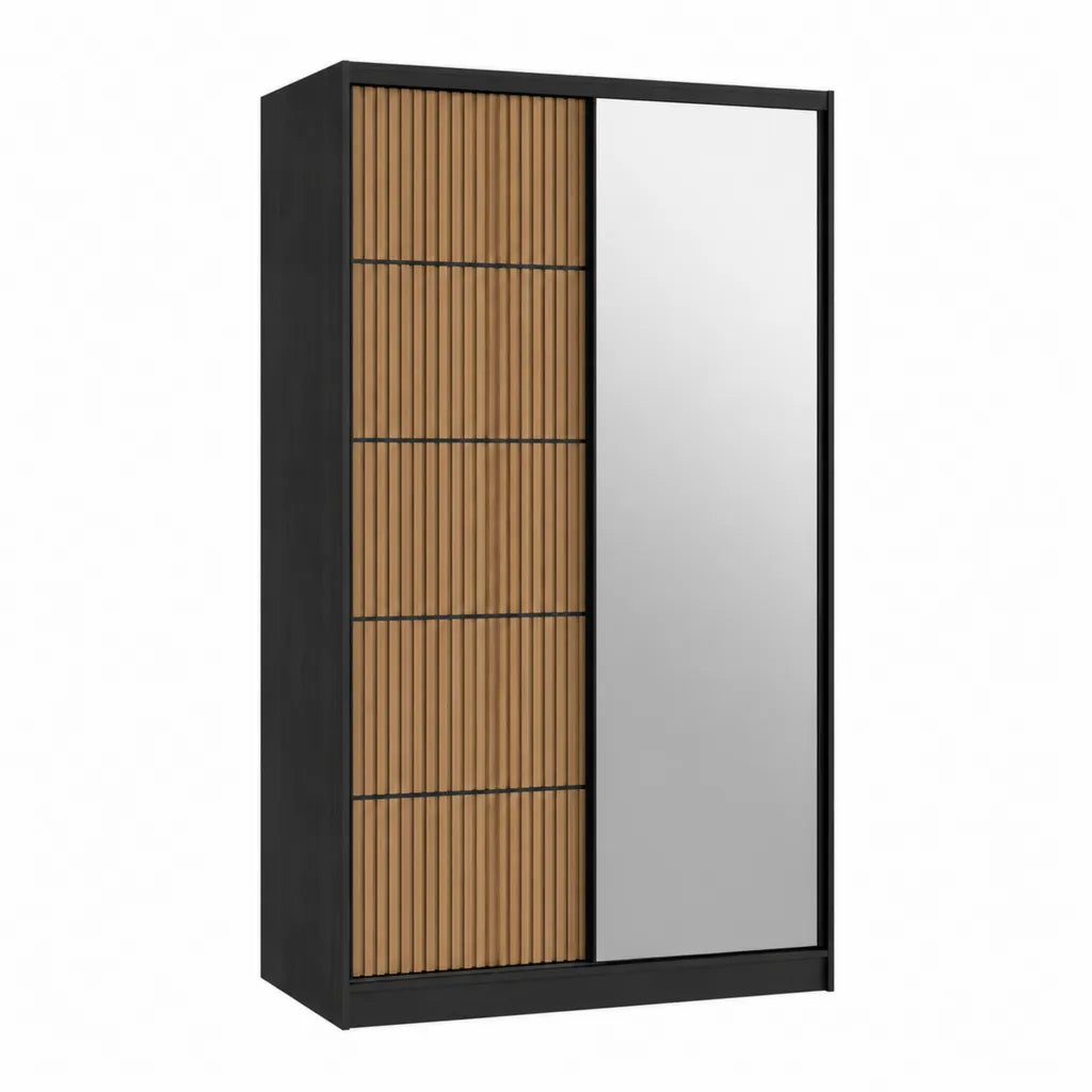 Schwebetürenschrank 120 x 60 x 200 cm aus Spanplatte und MDF mit Spiegel rechteckig Schwarz Natur