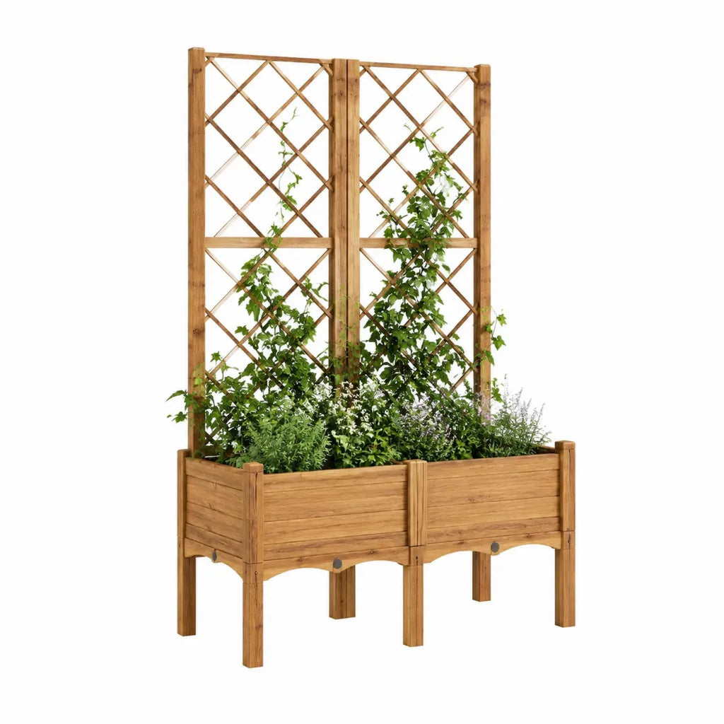 Hochbeet mit Rankgitter aus massivem Tannenholz rechteckig naturbraun 160 x 40 x 140 cm