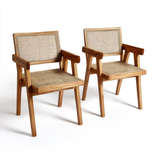 Esszimmerstühle 2er Set Naturbraun 56 x 58 x 82 cm Massivholz Rattan Rechteckig