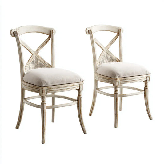 2er Set Esszimmerstühle Weiß 50 x 56 x 96 cm aus Gummibaum-Massivholz mit Rattan Rückenlehne und Polyester Sitzkissen